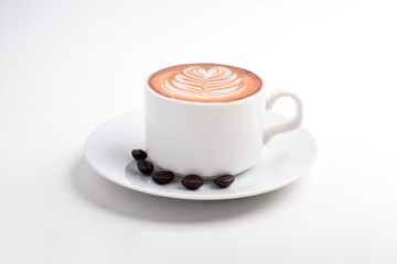 Cup of latte coffee on saucer on white background for breakfast
