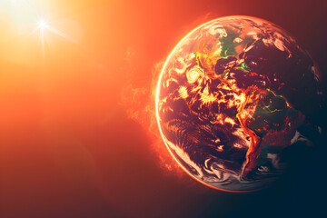 Dramatic fiery earth explosion with sun flare in outer space