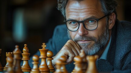 A stylish portrait of a focused chess grandmaster deep in thought, perfect for chess club promotions or strategy workshops, highlighting concentration and expertise