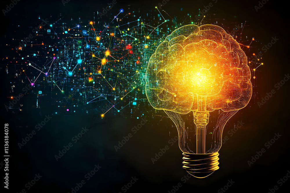 Poster glowing brain-shaped lightbulb with data streams.