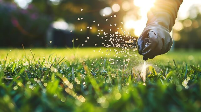 Worker using pest control spray on vibrant green lawn for efficient pest management solutions