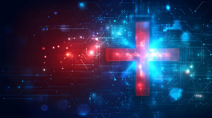 Glowing digital cross, futuristic technology concept.