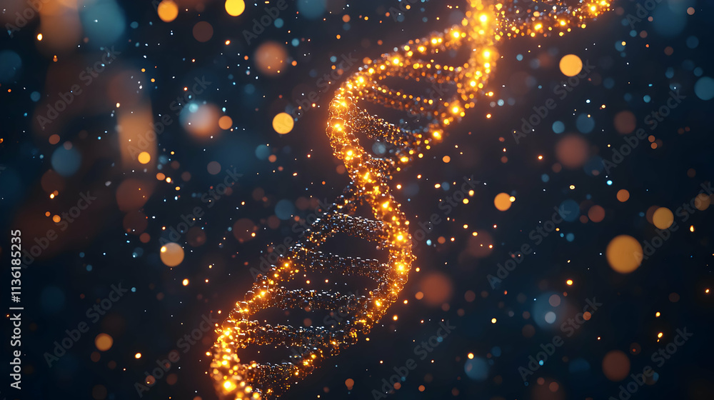 Poster glowing dna helix structure on dark background with bokeh effect.