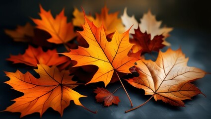 autumn leaves, vibrant orange maple leaf, macro photography, shallow depth of field, warm colors, dramatic lighting, high contrast, dark background, fall foliage, detailed leaf veins, bokeh effect, na