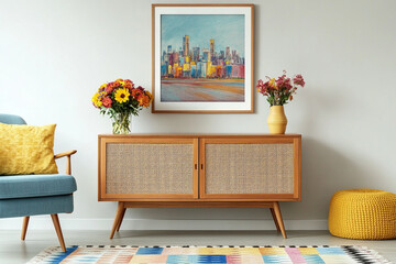 A mid-century modern interior with a pastel color palette, featuring an oak sideboard in the middle of the room. The cabinet is made from natural wood and has rattan doors.