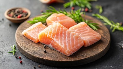 Fresh salmon fillets with rosemary and peppercorns on wooden cutting board