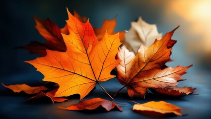 Fototapeta premium autumn leaves, vibrant orange maple leaf, macro photography, shallow depth of field, warm colors, dramatic lighting, high contrast, dark background, fall foliage, detailed leaf veins, bokeh effect, na