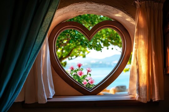Romantic Heart-Shaped Window Framing Vibrant Flowers with Scenic Background of Tranquil Water and Lush Green Trees Under Gentle Sunlight