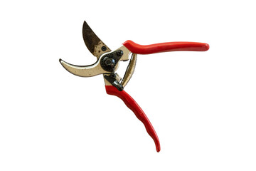 Close-up of pruning shears isolated on a white background. High-quality gardening tool with sharp...