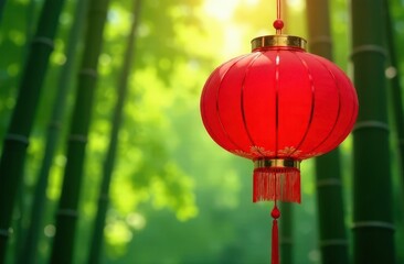 Fototapeta premium Blank Red Lantern in Bamboo Forest