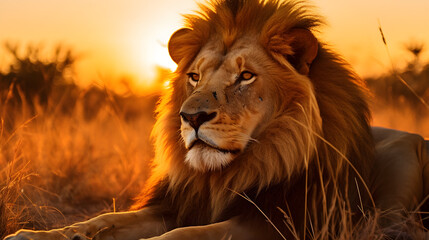 Fototapeta premium Spectacular Sunset Silhouette of a Majestic Lion on African Savannah