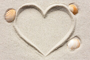 Heart Shape Created in Sand with Beautiful Seashells Accentuating the Natural Beach Environment for Romantic Themes and Coastal Decor Ideas