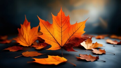 autumn leaves, vibrant orange and red, maple leaves, dark background, dramatic lighting, close-up photography, shallow depth of field, high contrast, moody atmosphere, detailed leaf textures, seasonal