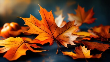 autumn leaves, vibrant orange and red, maple leaves, dark background, dramatic lighting, close-up photography, shallow depth of field, high contrast, moody atmosphere, detailed leaf textures, seasonal