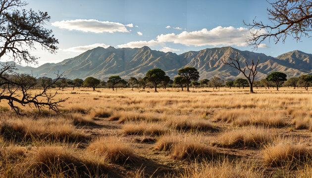 Paysage de savane avec montagnes en arri&egrave;re-plan
