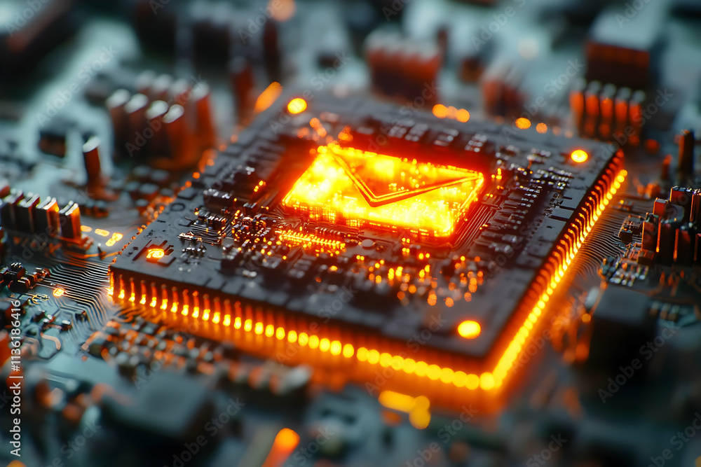 Poster glowing email symbol on a computer processor.