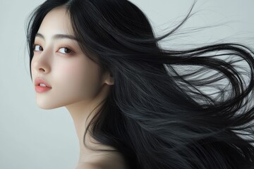 Fototapeta premium Beautiful asian woman showing long black hair flowing in wind