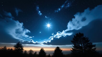 Night sky, starry night, full moon, glowing clouds, silhouette trees, dramatic lighting, cosmic landscape, ethereal atmosphere, deep blue hues, twilight horizon, celestial beauty, mystical scenery, dr