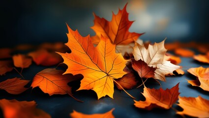 autumn leaves, vibrant orange and red, maple leaves, dark background, dramatic lighting, close-up photography, shallow depth of field, high contrast, moody atmosphere, detailed leaf textures, seasonal