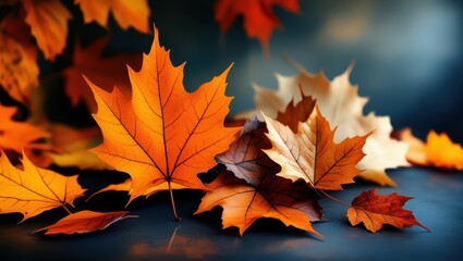 Fototapeta premium autumn leaves, vibrant orange and red, maple leaves, dark background, dramatic lighting, close-up photography, shallow depth of field, high contrast, moody atmosphere, detailed leaf textures, seasonal