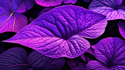 Vibrant purple leaves, Intricate leaf veins, Glowing neon foliage, Macro photography, Dark background, Bioluminescent plants, Ultraviolet flora, Alien botanical, Psychedelic nature, High contrast, Sat