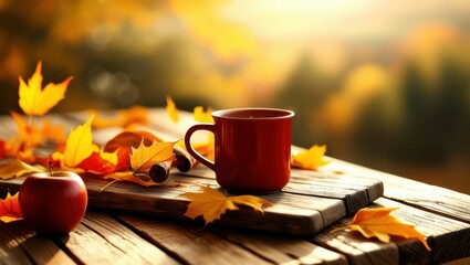 Autumn scene, rustic wooden table, red coffee mug, fallen leaves, golden sunlight, lens flare, apple, cozy atmosphere, warm colors, soft focus, morning light, autumn foliage, steam rising, outdoor set