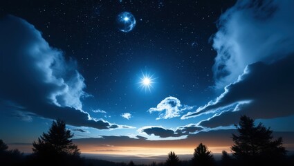 Night sky, starry night, full moon, glowing clouds, silhouette trees, dramatic lighting, cosmic landscape, ethereal atmosphere, deep blue hues, twilight horizon, celestial beauty, mystical scenery, dr