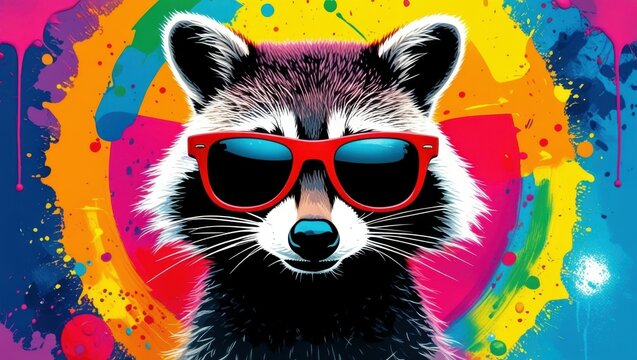 Colorful raccoon portrait, sunglasses, vibrant paint splatter background, neon colors, pop art style, digital illustration, psychedelic, fun, whimsical, animal art, cool animal, urban wildlife, contra