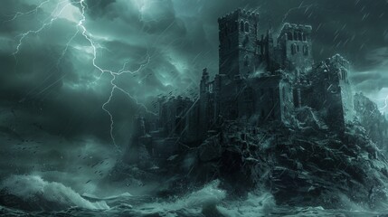 This image depicts a dark and ominous scene with a ruined castle perched on a rocky cliff overlooking a turbulent sea. A violent storm rages overhead, 