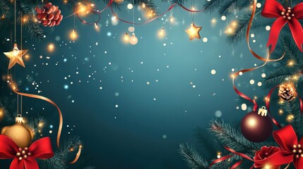 A Christmas decoration background template in raster style, with festive elements like garlands, ribbons, and twinkling lights, creating a warm and inviting holiday scene.