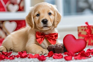 Adorable golden retriever puppy with a red bow tie surrounded by heart-shaped decorations, chocolates, and rose petals, celebrating love and affection in a cozy setting.