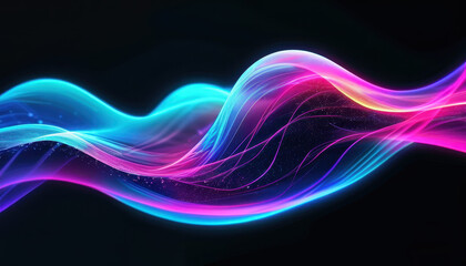 Naklejka premium Glowing neon waves in blue, pink and purple streams on a deep black background. The effect of movement and energy, minimalist style.