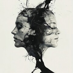 Black and white double face. Bipolar mental disorder, split personality, mood disorder, and dual personality concept.