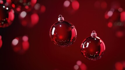 Fototapeta premium A collection of shiny red Christmas baubles floating against a deep red background, designed to evoke the magic and beauty of the season.