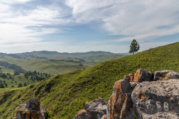 Beautiful view from the Devil's finger peak (or Damn finger rock). Aya nature park, on the border between the Altai territory and Altai republic, Russia