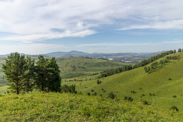 Fototapeta premium Beautiful view from the Devil's finger peak (or Damn finger rock). Aya nature park, on the border between the Altai territory and Altai republic, Russia