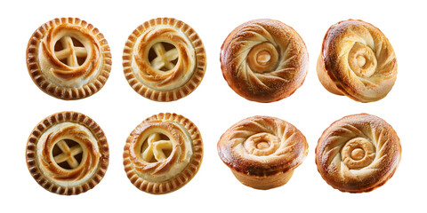 A collection of beautifully designed round pastries with golden, flaky crusts and intricate swirl patterns, ideal for bakery-related projects.