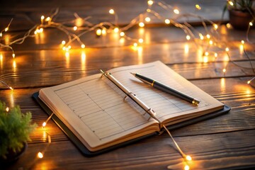 Low Light Photography of an Elegant Weekly and Daily Scheduler with Soft Glowing Lights, a Pen, and Notes on a Desk, Creating a Calm and Organized Atmosphere for Productivity