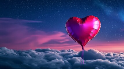 Fototapeta premium Romantic Heart-Shaped Balloon Floating Above Soft Clouds Under a Starry Night Sky with Gentle Pink and Purple Hues Illuminating the Scene