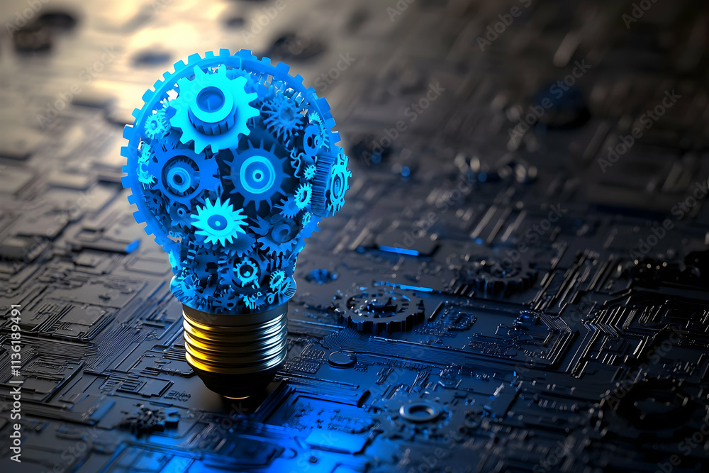 Poster glowing lightbulb composed of gears on a circuit board.