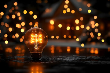 Glowing lightbulb at night with bokeh lights.