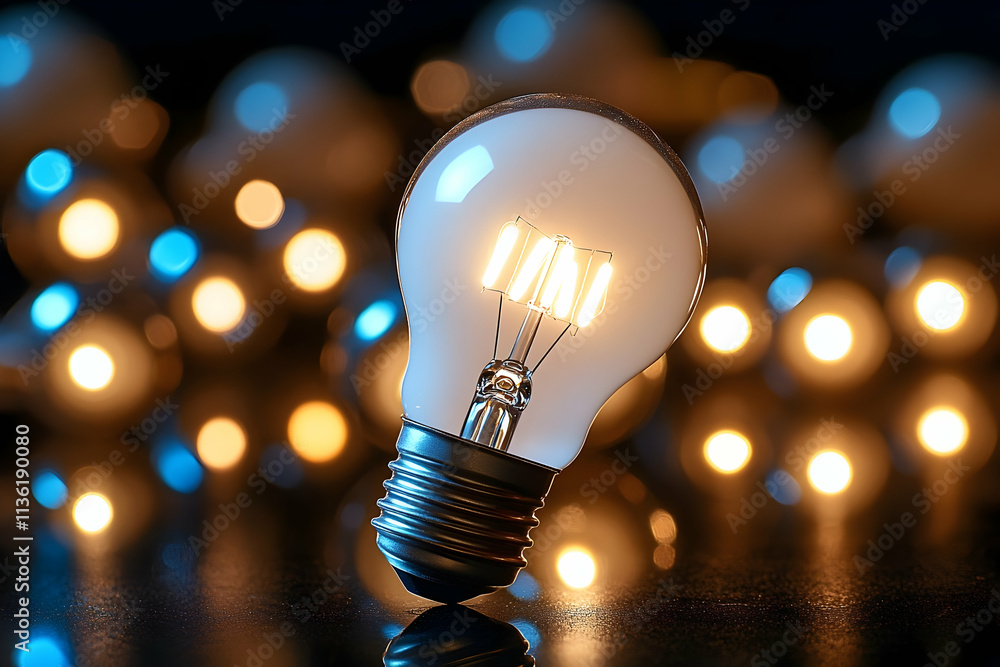 Poster glowing lightbulb on dark background with bokeh lights.