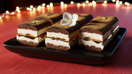 Close-up gourmet desserts indulgent treats in a cozy restaurant atmosphere