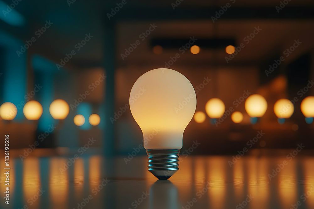 Poster glowing lightbulb on reflective surface with blurred background lights.