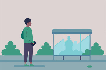 a young individual stands at a bus stop engrossed