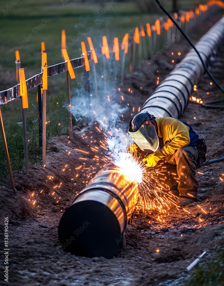 Poster a welder working on large pipes, creating sparks in an industrial setting.