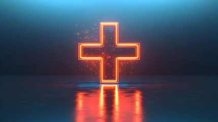 Glowing neon cross reflecting on dark surface.