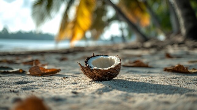 Coconut shell resting on tropical sandy beach at sunset