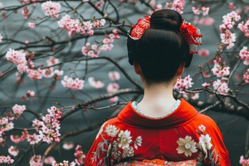Woman In Traditional Red Kimono Amongst Blooming Cherry Blossoms, A Symbol Of Springtime In Japan