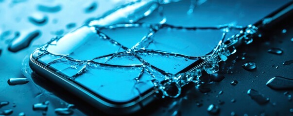 Mobile scam online concept. A close-up of a broken smartphone submerged in water, highlighting its damaged screen.